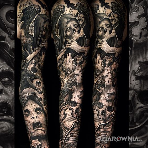Tatuaż kościej w motywie czarno-szare i stylu realistyczne na ramieniu