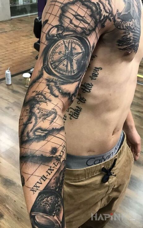 Tattoo Tatuażem po mapie in black and gray motif and realistic style on the forearm