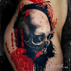Tattoo Skull and heya on the buttocks motif: colorful style: trash polka