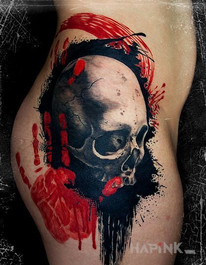 Tattoo Czaszka i heya in colorful motif and trash polka style on the buttocks