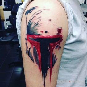 Tatuaż Boba Fett na ramieniu motyw: kolorowe styl: trash polka
