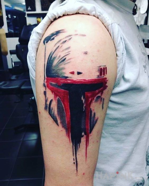 Tattoo Boba Fett in colorful motif and trash polka style on the upper arm