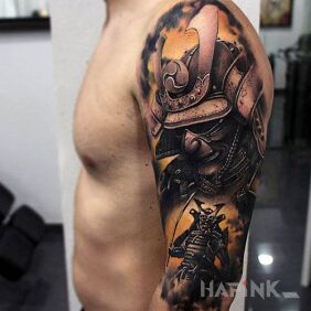 Tattoo Extra samurai on the upper arm motif: 3D style: realistic