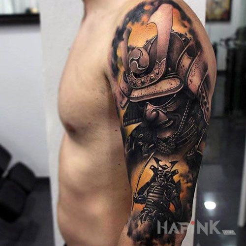 Tattoo Ekstra samuraj in characters motif and realistic style on the upper arm