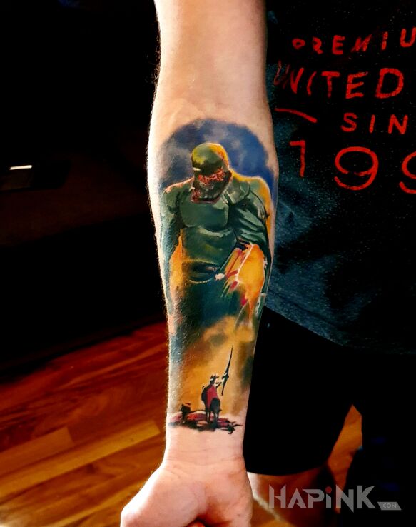 Tattoo Rycerz in colorful motif and surrealistic style on the forearm