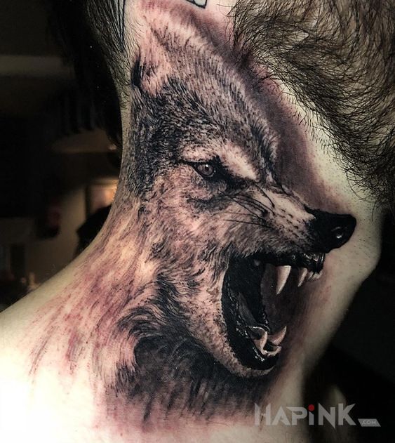 Tattoo Ryk wilka in animals motif and realistic style on the neck