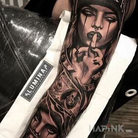 Tattoo Dangerous women on the forearm motif: faces style: chicano