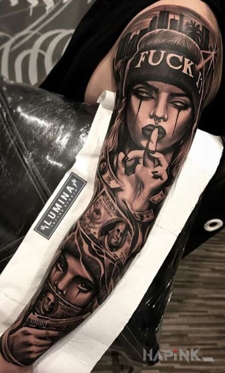 Tattoo Niebezpieczne kobiety in sleeves motif and chicano style on the forearm