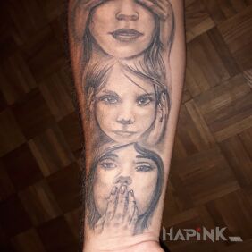 Tattoo I didn't see anything, I didn't hear anything, I won't say anything on the forearm motif: faces style: realistic
