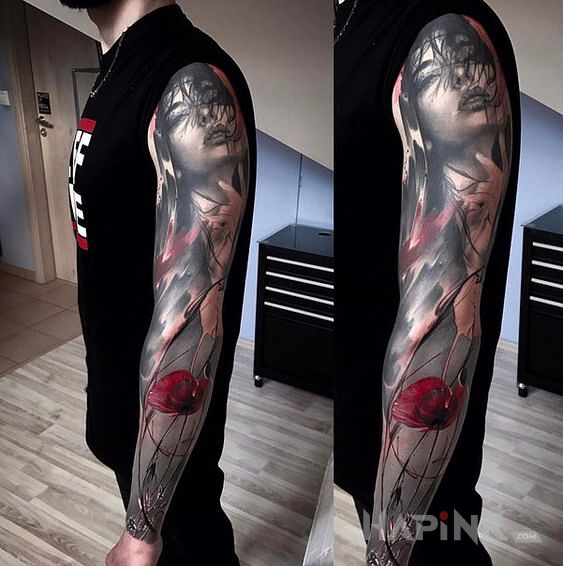 Tattoo Kobieca twarz in faces motif and realistic style on the forearm