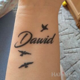 Tattoo Son's name, birds on the wrist motif: lettering style: minimalistic