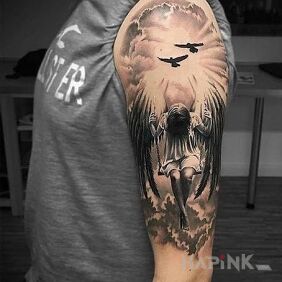Tattoo Angel on a swing on the upper arm motif: angels style: realistic