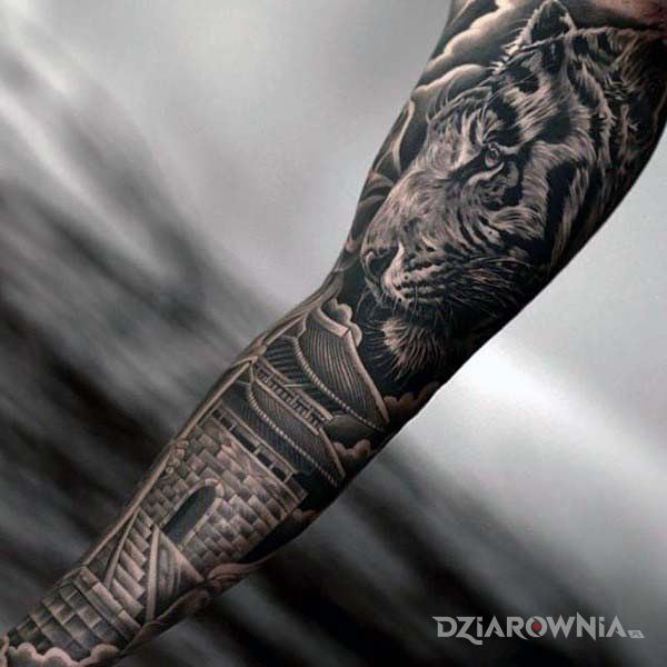Tatuaż tygrys nad pagodą w motywie czarno-szare i stylu realistyczne na ramieniu