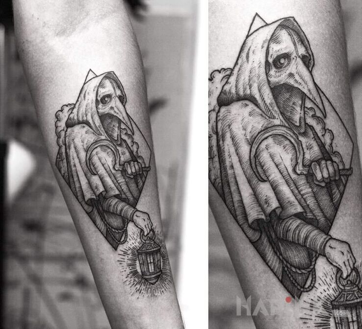 Tattoo Plague Doctor in characters motif and engravings / gravure style on the forearm