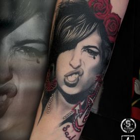 Tattoo Amy Winehouse on the forearm motif: flowers style: realistic