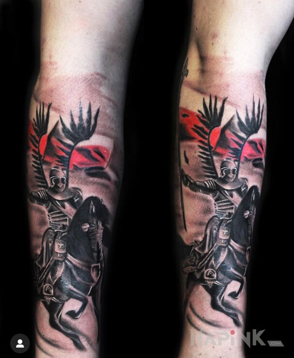 Tattoo Husaria in black and gray motif and graphic / illustrative style on the forearm