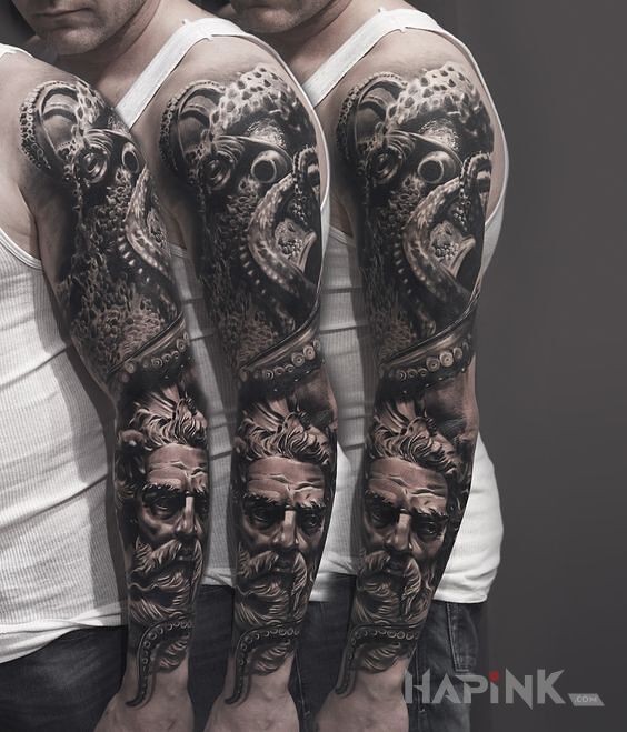 Tattoo Ośmiornica z dziadem in 3D motif and realistic style on the forearm