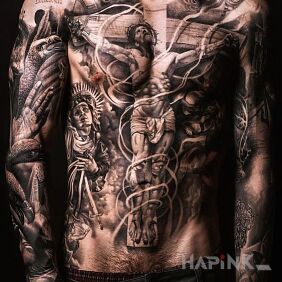 Tattoo Crucifixion and others on the stomach motif: sleeves style: realistic