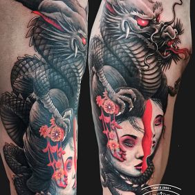 Tattoo Geisha on the upper arm motif: colorful style: japanese / irezumi