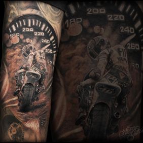 Tattoo Motorcyclist on the forearm motif: 3D style: realistic