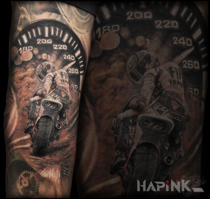 Tattoo Motorcyclist in 3D motif and realistic style on the forearm