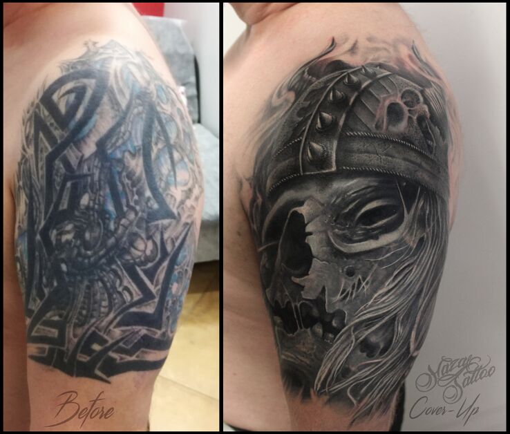 Tatuaż Viking cover w motywie czaszki i stylu realistyczne na ramieniu