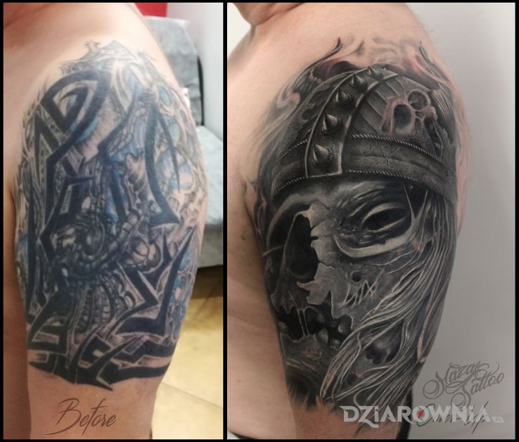 Tatuaż viking cover w motywie czaszki i stylu realistyczne na ramieniu