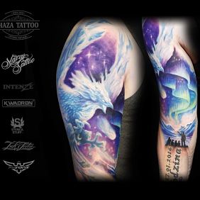 Tattoo Phoenix aurora on the upper arm motif: colorful style: realistic