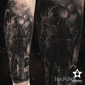 Tattoo Cosmos on the calf motif: 3D style: realistic