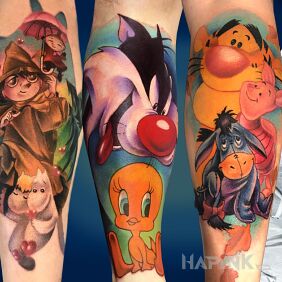 Tattoo Cartoons! on the forearm motif: characters style: cartoon / comic book