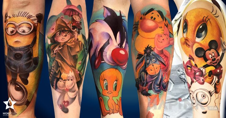 Tattoo Kreskówki! in faces motif and cartoon / comic book style on the forearm