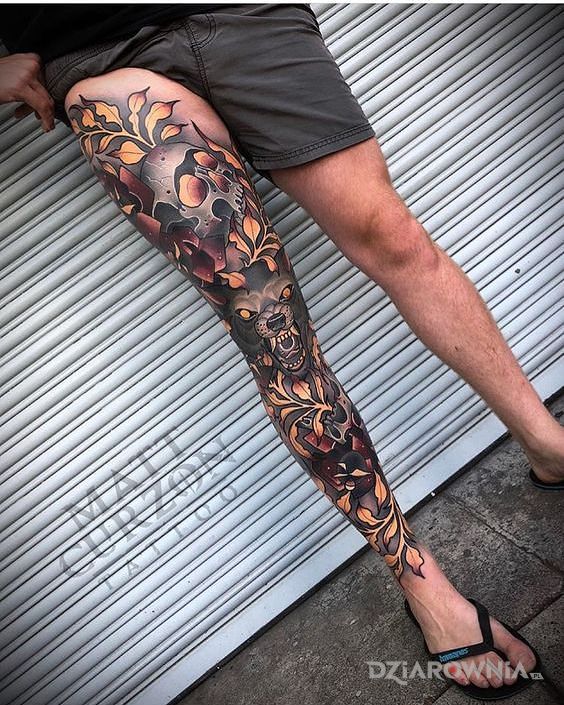 Tatuaż newschoolowa noga w motywie kolorowe i stylu neotradycyjne na nodze