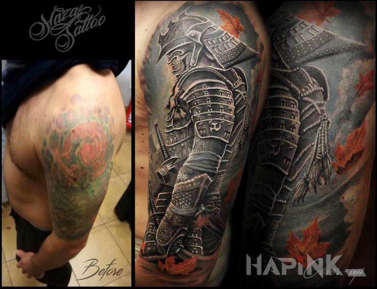 Tattoo Warrior cover in flowers motif and realistic style on the upper arm
