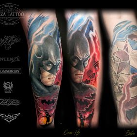 Tattoo Batman defeats Captain America on the calf motif: colorful style: realistic