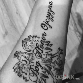 Tattoo Patriotic on the forearm motif: black and gray style: calligraphy