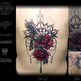 Tattoo Cover roses mandala on the back motif: ornaments style: graphic / illustrative