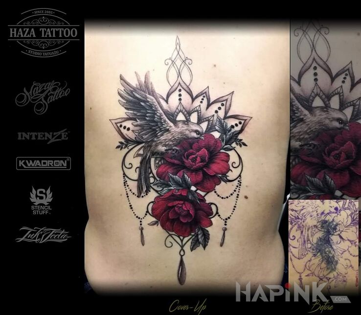 Tattoo Cover roses mandala in 3D motif and graphic / illustrative style on the back