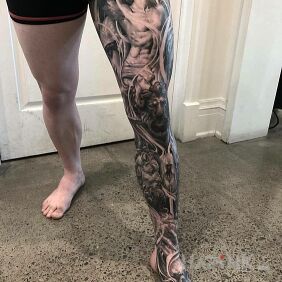 Tattoo Sleeve on the leg on the calf motif: sleeves style: realistic