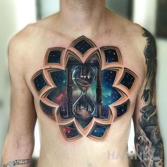Tattoo Klepsydra wszechświata in cosmos motif and realistic style on the chest