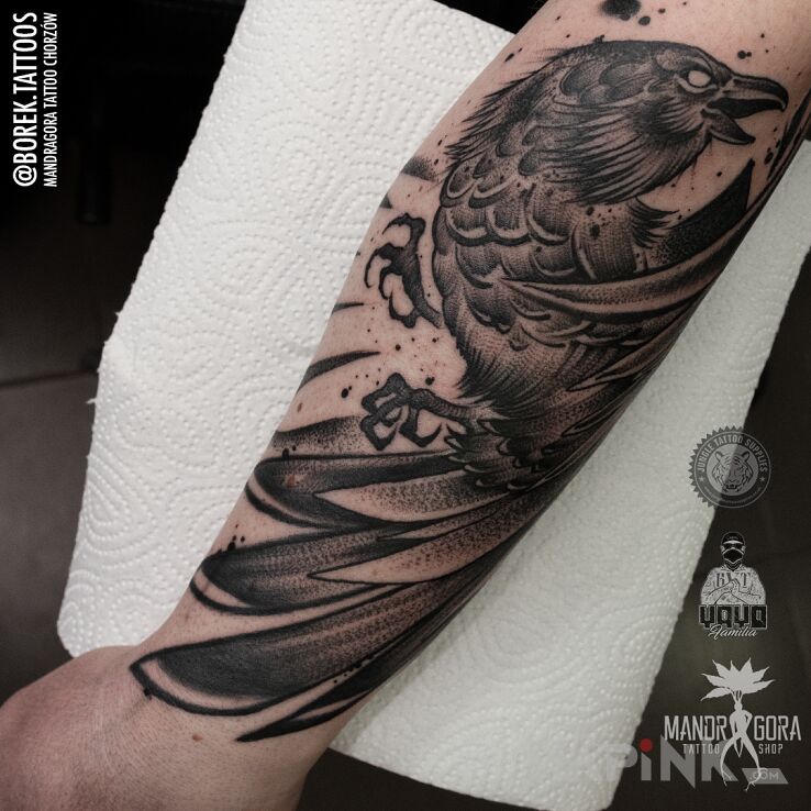 Tattoo Kruk in black and gray motif and graphic / illustrative style on the forearm