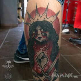 Tattoo Saint Barbara on the calf motif: black and gray style: graphic / illustrative