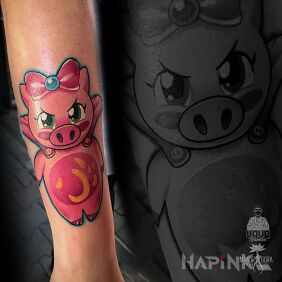 Tattoo Super piggy on the forearm motif: colorful style: newschool
