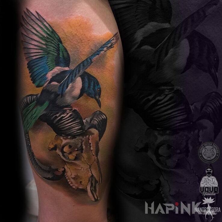 Tattoo Ptak in animals motif and realistic style on the leg