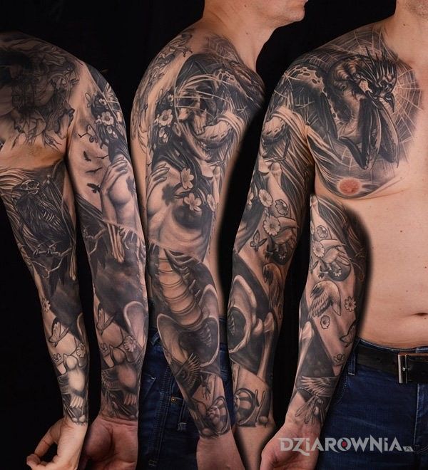 Tatuaż życie  śmierć w motywie rękawy na ramieniu