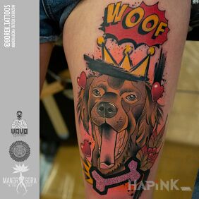 Tattoo Neotraditional dog on the leg motif: colorful style: newschool