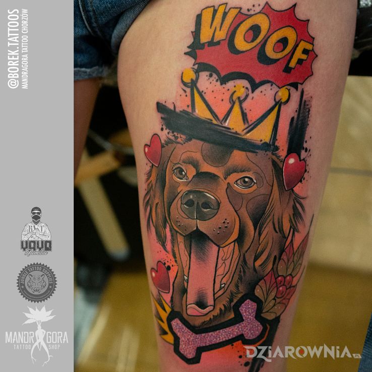 Tatuaż neotradycyjny pies w motywie zwierzęta i stylu newschool na nodze