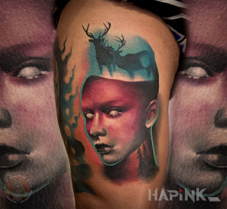 Tattoo Abstrakcyjna twarz in animals motif and surrealistic style on the leg