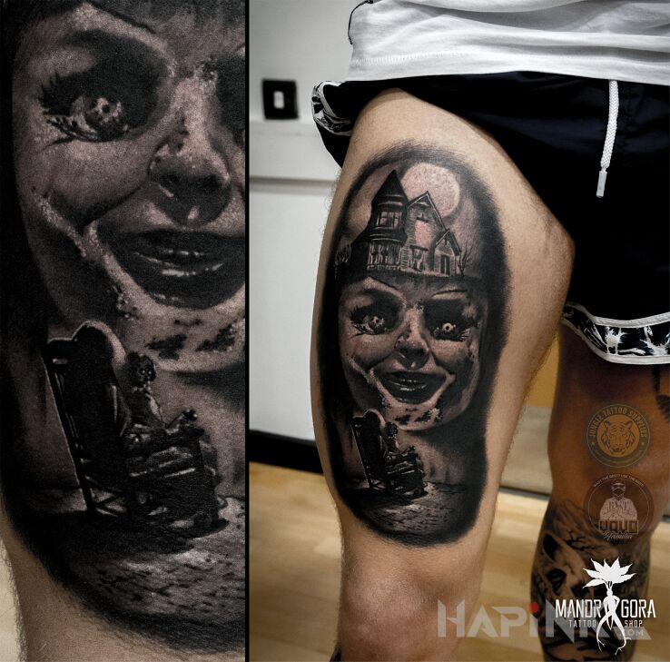 Tattoo Annabelle in 3D motif and realistic style on the leg