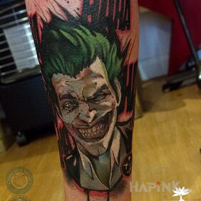 Tattoo Joker on the calf motif: colorful style: cartoon / comic book
