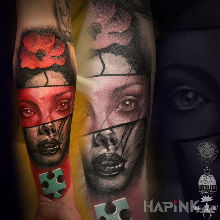 Tattoo Abstrakcyjna twarz in colorful motif and realistic style on the forearm